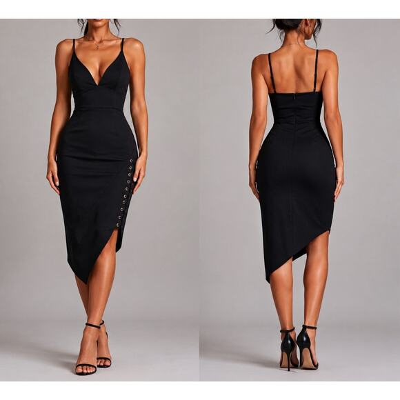 Luvalot Dresses & Skirts - Luvalot Black Goth Bodycon Asymmetrical Midi Dress Clubwear Coquette Y2K US 6